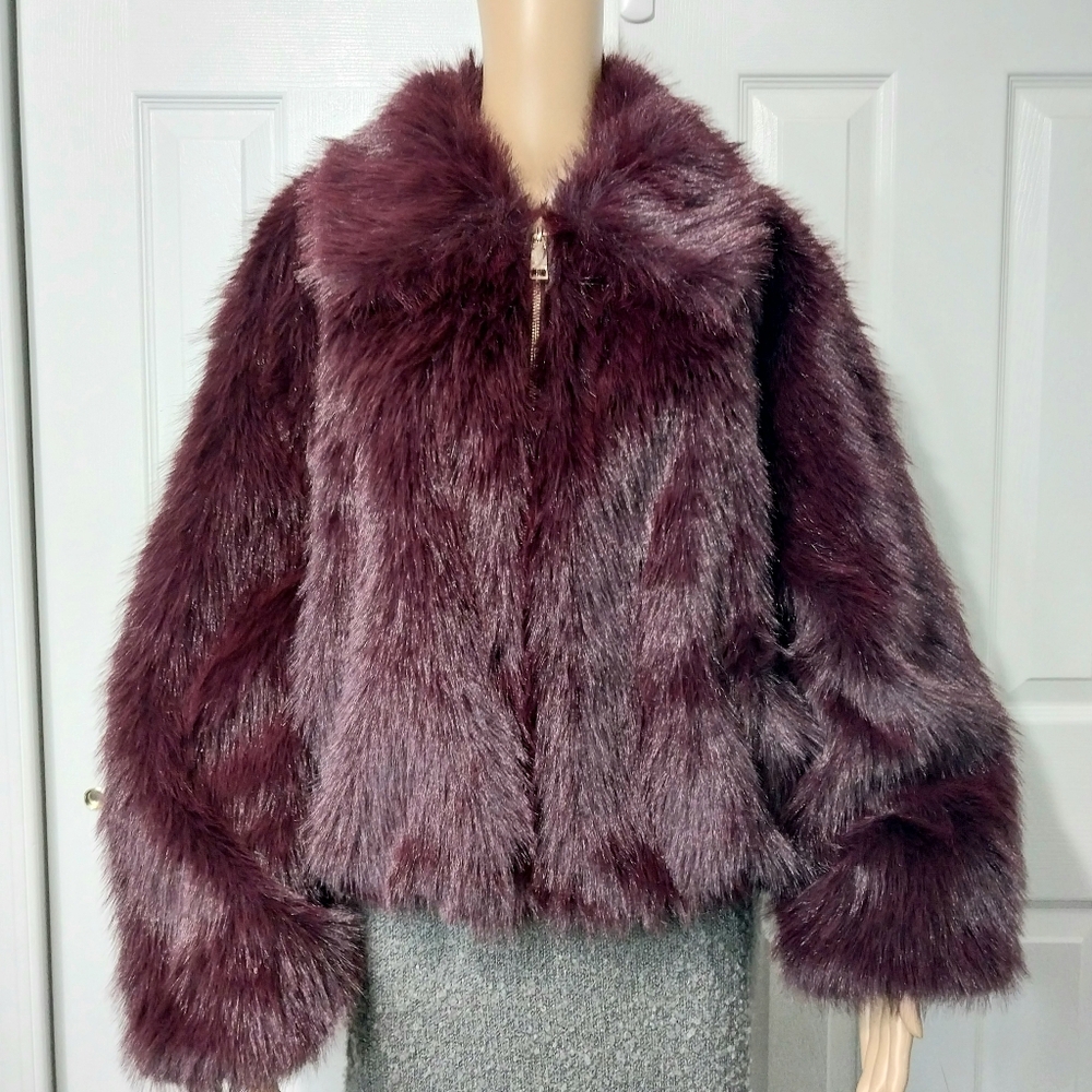 Rebecca Minkoff Fuax Fur Coat, Burgundy, NWT, Size L - Picture 9 of 10
